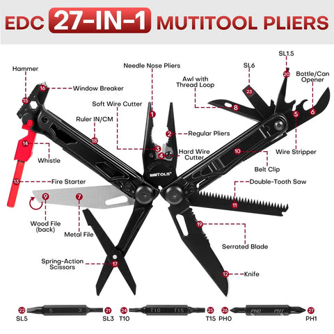 27 In 1 Multitool With Needle Nose Pliers, Screwdrivers, Fire Starter And Self Locking EDC Gear In Stainless Steel layout