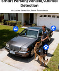 Man with dog standing near car, showcasing smart person, vehicle, and animal detection by Lumus 2K Wireless Outdoor Security Camera