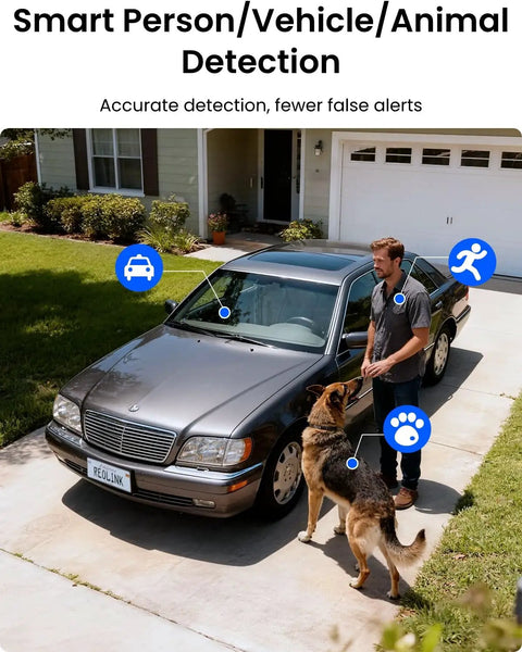 Man with dog standing near car, showcasing smart person, vehicle, and animal detection by Lumus 2K Wireless Outdoor Security Camera