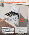 Outdoor Kitchen Drawers Stainless Steel Triple-Access Modular Cabinet for BBQ Island with open drawer and spice jars.
