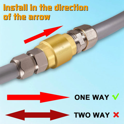 Solid brass inline spring check valve on a gray pipe, 1-1/2 in NPT female threads.