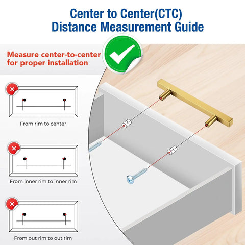 Center to Center Distance Measurement Guide for 4 Inch Top Tier Brushed Brass Cabinet Pulls installation instructions.