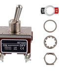 RT1221 DPST Toggle Switch 125V 20A and 250V 15A rocker with metal waterproof cap, 4 terminal pins, components shown