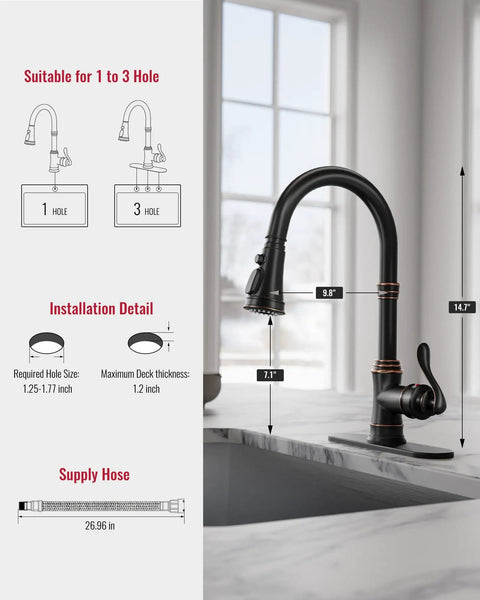 Oil Rubbed Bronze Kitchen Faucet With Pull Down Sprayer, Three Spray Modes, Vintage Antique Brass Style, sink details