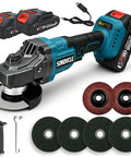 Hella Powerful 4-1/2 Inch Cordless Angle Grinder Featuring Twin 21V Battery Packs And Swift Snap Charger for smooth metal cutting and polishing.
