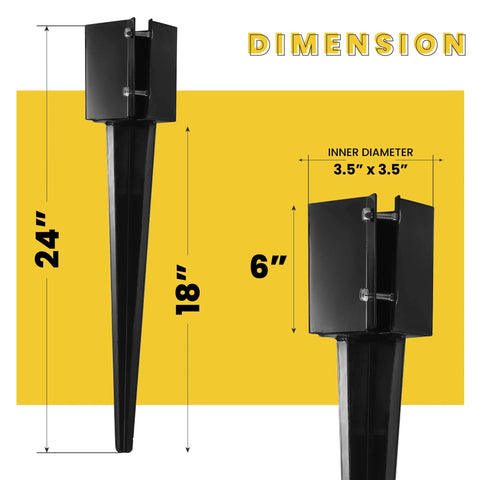 Heavy Duty 24 Inch Fence Post Ground Spike Anchor 4x4 Metal Black Powder Coated with dimensions, fits 3.5x3.5 wood posts