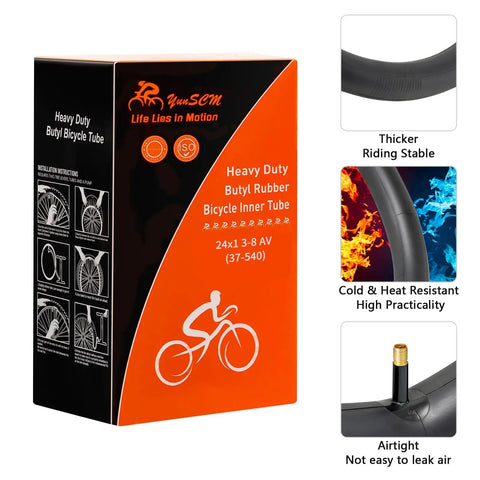 Heavy Duty 24x1 3/8 Inner Tubes 37-540 With AV32mm Schrader Valve Two Pack packaging and features illustration