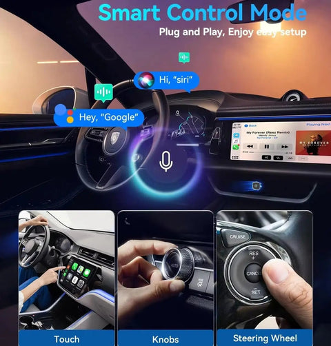 Compact Wireless Car Adapter For Dodge Challenger 2017 2023 With 0.86 Inch 5.8GHz WiFi Receiver, 3 Second Auto Reconnect, Smooth Smart Control, And Built In Heat Dissipation For Stable Media Streaming On The Go. Dashboard with voice control, touch screen, knobs, and steering wheel controls in Dodge Challenger.