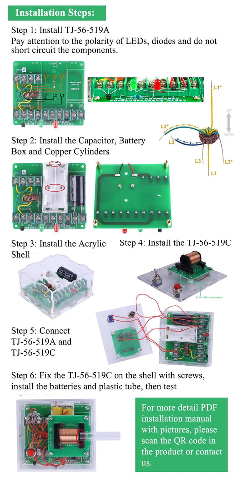 Installation steps for Electronics Soldering Practice Kit With Mini Magnet Shooter Educational DIY Electronics Project Coiled Electromagnet Transmitter Build For Beginners Hands On Fun Desktop Toy And Shooting Game Experience. Visual guide with labeled components and assembly instructions.