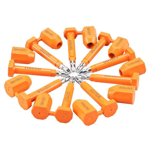 Rock Solid Shipping Container Bolt Seals 100 Pack Orange Steel Core Locks displayed in a circular arrangement showing unique numbers.