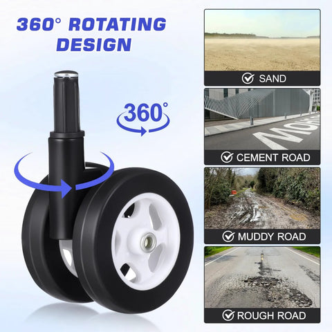 4 Pcs Baby Walker Wheel Replacement Casters with 0.3 Inch Mounting Hole for Baby Strollers, showing 360-degree swivel design on various terrains