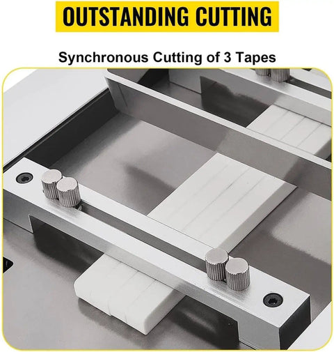 Tank Tough Electric Wire Stripper With Bright Digital Display For No Sweat Heat Shrink Cutting And Precision Cold Cable Trimming 300W Auto Tool cutting three tape sections simultaneously on a metal base.
