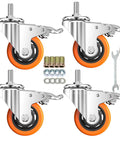 Heavy Duty Stem Casters Swivel Wheel Set With Dual Locking Brakes Precision Thread Two Inch Diameter, chrome and orange wheels.