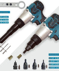 Hella Powerful 26V Cordless Rivet Gun With Automatic Riveting For M3 To M12 Stainless Steel and Aluminum Rivet Nut Tool, showing attachments.