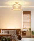 Bedroom with Oak Wood Beaded Chandelier Farmhouse Boho Flush Mount Light With Rustic Charm Two Lights E26 Base Semi Flush Ceiling Fixture