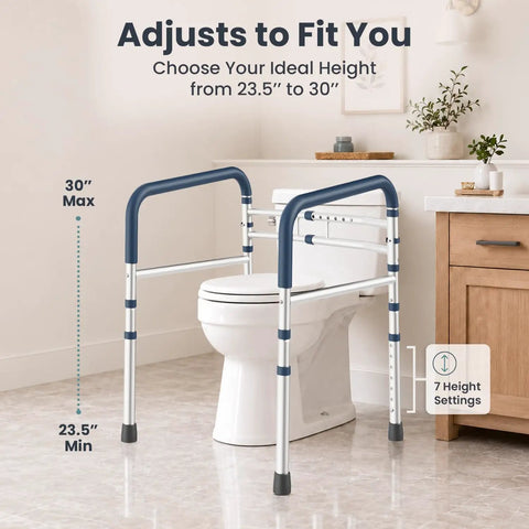 Heavy Duty Adjustable Toilet Safety Bars Featuring Tough As Nails 350 Pound Weight Capacity And No Fuss Assembly NonSkid Pads For Seniors with adjustable height from 23.5 to 30 inches.