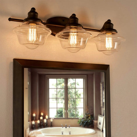 26 Inch 3 Light Traditional Schoolhouse Vanity Light With Clear Glass Shades In Gray Finish For Classic Bath Style
