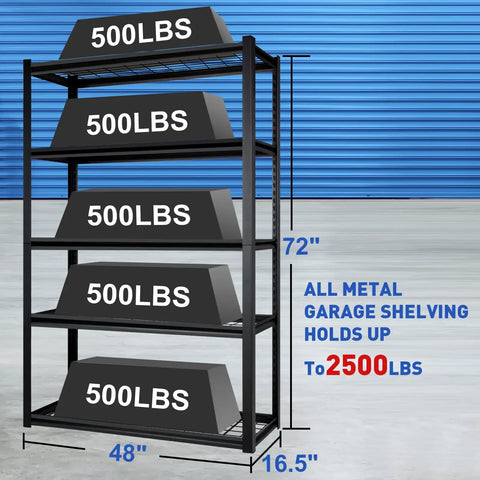 Heavy Duty Metal Shelving Unit 2 Pack 5 Tier Storage Rack Adjustable Industrial Shelves Support 2500 Lbs Built Tough As Nails For Garage Basement Warehouse 48X72X16.5 Inches with weights stacked.