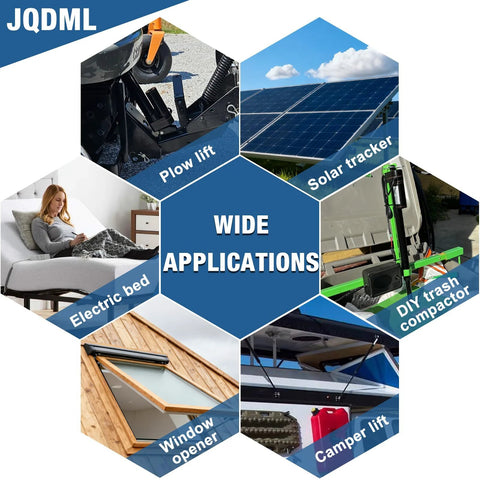 JQDML 12V heavy-duty linear actuator with mounting brackets; Amazon brand shown in a collage of wide applications.
