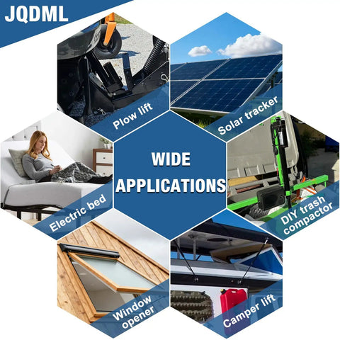 Wide applications of 12V Heavy Duty Linear Actuator 24 Inch Stroke 660 Pound Capacity showcased across various setups.