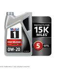 Top Shelf High Mileage Full Synthetic Motor Oil In 0W-20 Viscosity With 5 Quart Container showing sleek jug design.