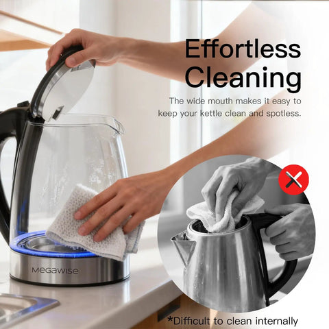 Effortless cleaning of 1.8L Cordless Electric Kettle With Borosilicate Glass 1800W Fast Boil Auto Shut Off Boil Dry Protection