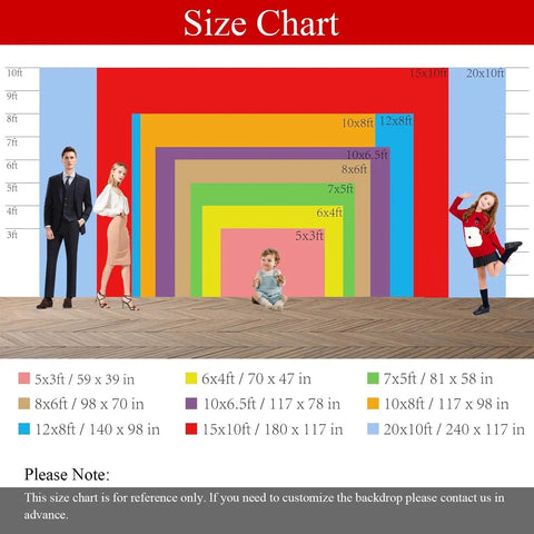 Size chart displaying various backdrop dimensions for Score This Dope 15x10ft Industrial Warehouse Shelving Backdrop.