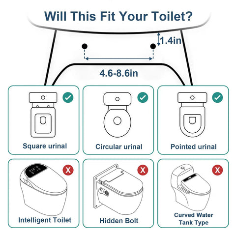 Adjustable Toilet Safety Rail With Rock Solid No Slip Handles fitted dimensions guide, indicates compatible urinal types and measurements.