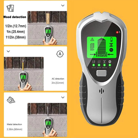 No Sweat Stud Finder And Wall Scanner With Hd Lcd Display showing wood, AC, and metal detection features on an orange background.