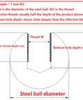 Stainless steel piercing replacement ball with M8 threaded half-hole; diagram shows thread depth and bottom hole depth.