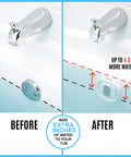 Before and after of adjustable overflow drain cover for deeper baths up to 4.5 inches, fits all drain types, silicone white tub upgrade accessory.