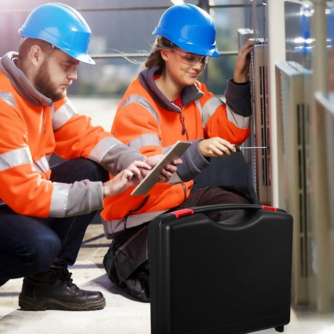 Rock Solid Portable Plastic Toolbox With Reinforced Lid And Grippy Carry Handle For Built Like A Tank Workshop Storage And Knockout Gear Organization On The Go placed by workers in high-visibility gear.