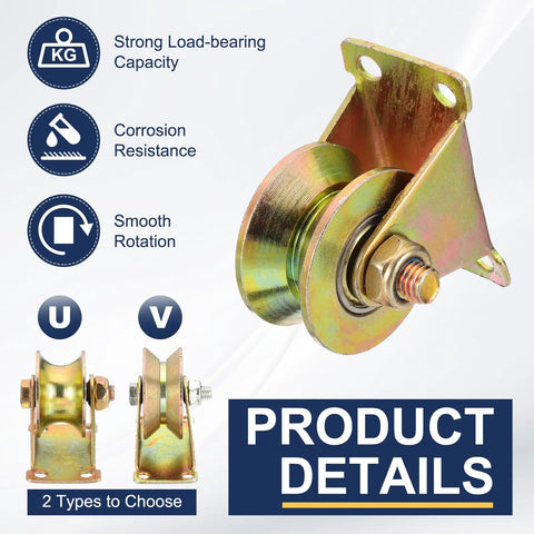 2 Inch V Groove Steel Casters Heavy Duty Gate Roller Kit with bracket for smooth rotation and strong load capacity.
