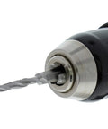 8 Piece Drill Tap Set With 1 Quarter Inch Hex Shank Pro Grade HSS Drill Bits in a drill, close-up of bit head.