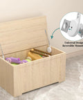 Hella Strong Soft Close Hinges For Toy Boxes shown on wooden toy box with toys, featuring reversible mounting design.