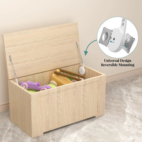 Hella Strong Soft Close Hinges For Toy Boxes shown on wooden toy box with toys, featuring reversible mounting design.