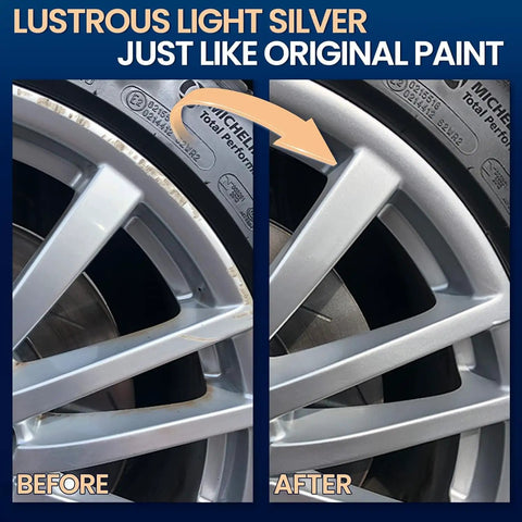 Before and after image of alloy wheel restoration using Top Shelf Silver Rim Touch Up Paint Pen for Chrome Wheel Scratches.
