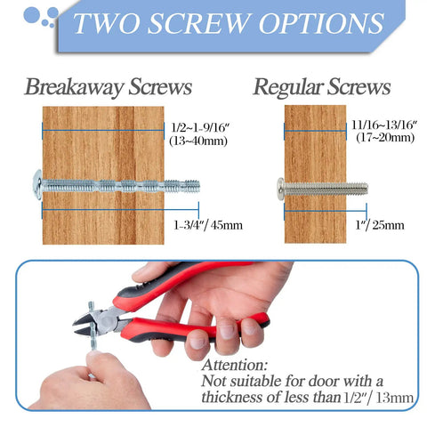 Two screw options for cabinet hardware installation, featuring breakaway and regular screws, with mounting instructions.