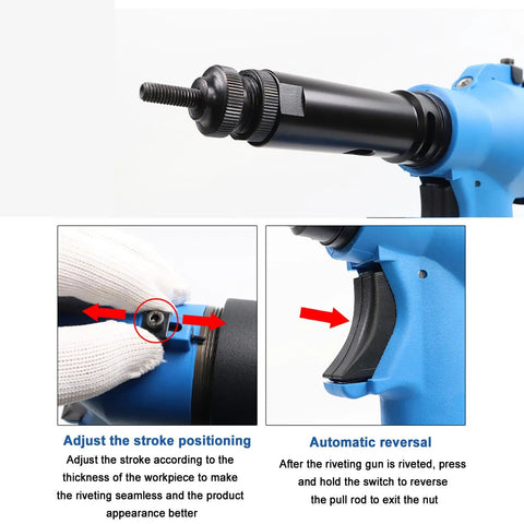 No Nonsense Heavy Duty Pneumatic Rivet Nut Pliers Set With M3 To M12 Tips And 7mm Adjustable Stroke showing adjustable stroke mechanism.