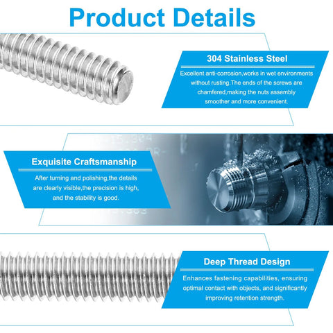 PATIKIL 3/8-16 UNC 304 stainless steel fully threaded rod, 2 in length, set of 10, right-hand threads