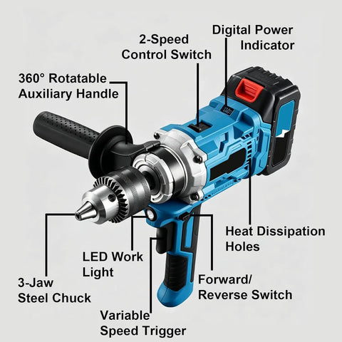 Tough As Nails Two In One Cordless Drill And Cement Mixing Tool With Two Speed Torque Control One Eighty Degree Rotatable Chuck Led Work Light Blue Battery Powered Design showing features including steel chuck and variable speed trigger.