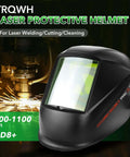 Front view of TRQWH OD8+ laser welding helmet with large viewing window, black protective mask.