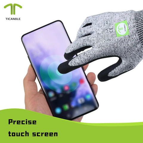Three Pair Level Five Cut Resistant Gloves With Nitrile Coated Grip demonstrating smart touch technology on smartphone