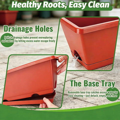 Red Window Box Planters 7 Pack Rectangular Plastic Flower Pots With Saucers For Indoor Outdoor Garden features drainage holes and base tray