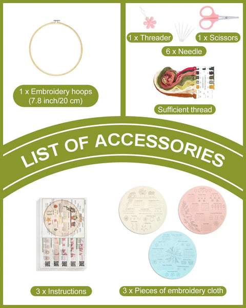 Beginner Embroidery Kit Set for Adults and Teens, Learn 30 Plus Stitches With Clear Instructions and Video Tutorials, DIY Cross Stitch Kit Includes Hoop, Pattern Cloths, Color Threads, Needles, Tools, Pin Cushion and Thread Picker including embroidery hoop, needles, scissors, thread, pattern cloths, and instructions.