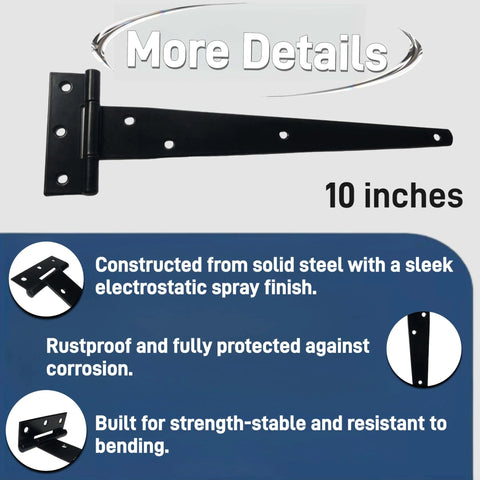10-inch T gate hinge heavy duty black strap design with rustproof finish and solid steel construction details shown.