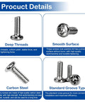 Product details showing huge 1600pcs tiny Phillips pan head machine screws set for eyeglasses RC models electronics and DIY projects nickel plated carbon steel metric micro screws from M1 to M1.7 with deep threads, smooth surface, carbon steel, and standard groove type.