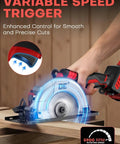 Image of Six Inch Cordless Mini Circular Saw Equipped With Brushless Motor And 5900 Rpm, showcasing variable speed trigger in action.