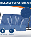 Close-up of blue cushions on Three-Seat Outdoor Porch Swing With Adjustable Canopy And Removable Cushions Powder-Coated Steel Frame
