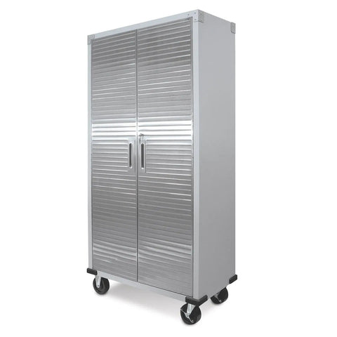 Rock Solid Built Tough Steel Rolling Storage Cabinet With Lockable Double Doors Adjustable Shelves And Heavy Caster Wheels For Garage Shop Organization Granite Finish, front view.